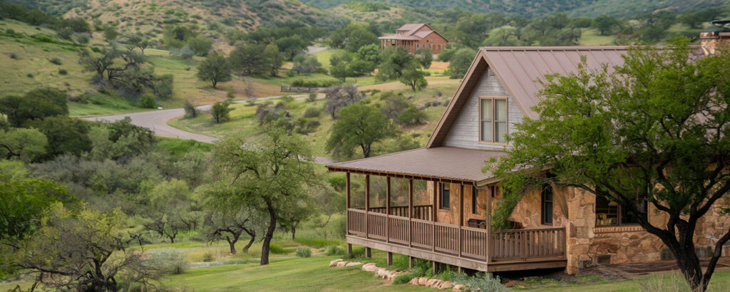 A photo of a rustic house with a wooden porch in the
Texas Hill Country enjoying the financial benefits of living in the area. The house is surrounded by a lush green landscape with trees and shrubs. The background reveals more houses and a winding road.