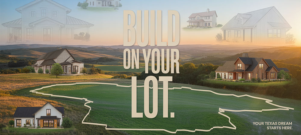 A picturesque lifestyle advertisement showcasing a
sweeping view of the Texas Hill Country, subtly hinting at real estate opportunities. The scene depicts rolling hills bathed in golden hour sunlight, with a meticulously outlined plot of land in the foreground demarcated by large, modern lettering centered that reads “BUILD ON YOUR LOT,” suggesting a dream home location. Scattered throughout the image are stylized architectural renderings of various house styles – farmhouse, modern, ranch – emphasizing the versatility of the available lots, all rendered in a soft, inviting color palette of earthy greens, warm browns, and sunset oranges. The overall mood is aspirational and peaceful, with the tagline “Your Texas Dream Starts Here” subtly placed in the lower right corner, conveying a sense of opportunity and belonging under a clear blue sky.