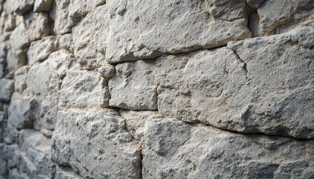The image shows a close-up view of a thick limestone wall, highlighting its thermal mass properties, which contribute to energy efficiency in Texas Hill Country homes. The rustic charm of the natural stone reflects the sustainable materials often used in custom home designs, promoting a comfortable living space that harmonizes with the natural beauty of the region.