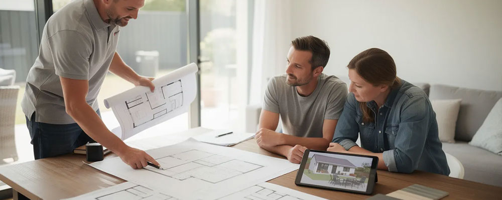 A builder is presenting detailed construction plans to homeowners during a consultation meeting, emphasizing the importance of clear and consistent communication throughout the home building process. This collaborative environment fosters a positive working relationship, ensuring that both parties are on the same page regarding project timelines and expectations.