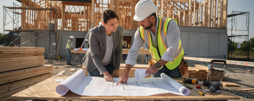 A homeowner and a builder are engaged in a face-to-face meeting at a construction site, discussing blueprints and project details. This scene emphasizes the importance of clear and consistent communication in the home construction process to ensure both parties are on the same page regarding the project timeline and expectations.