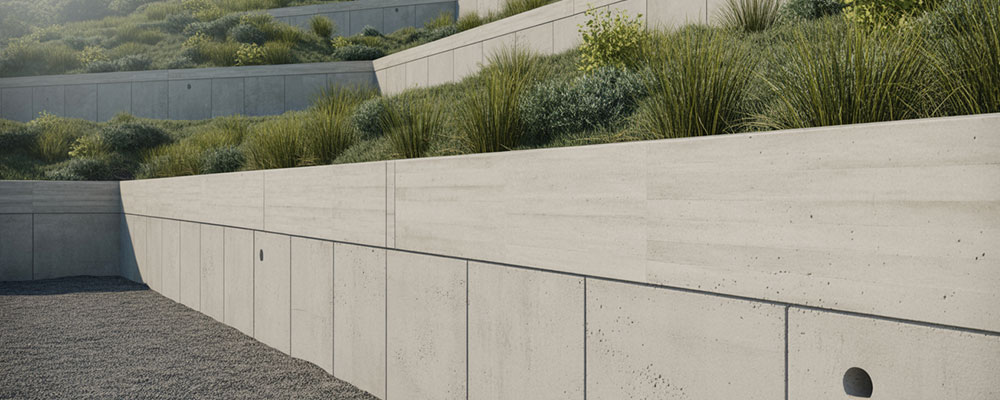 A technical architectural photograph showing a 
modern concrete retaining wall built into a sloped hillside with visible drainage systems. The wall features clean horizontal lines with weep holes and a gravel drainage layer at its base, demonstrating proper engineering for soil retention. The terraced landscape above shows multiple elevation levels connected by the retaining structure, with exposed aggregate concrete displaying a subtle texture. Soft natural lighting illuminates the engineered surfaces while native vegetation grows along the upper terraces, showcasing how infrastructure integrates with the natural topography.
